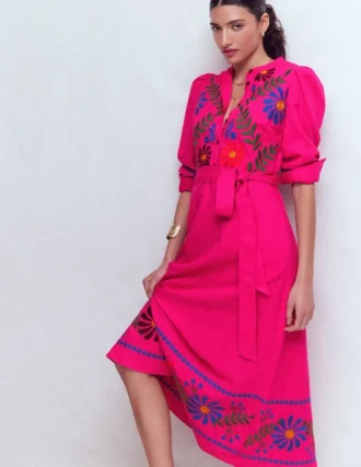 Ava Linen Blend Midi Dress Multi Embroidery