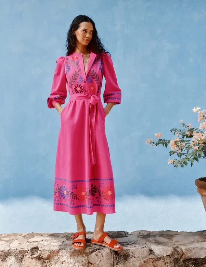 Ava Linen Blend Midi Dress Multi Embroidery Ava Linen Blend Midi Dress Multi Embroidery