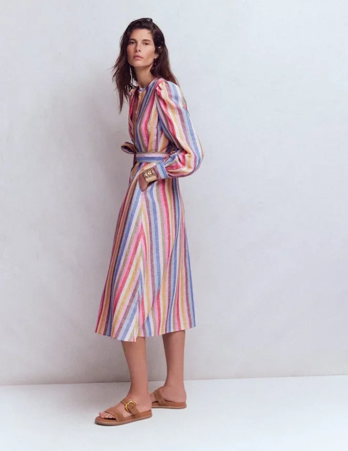 Ava Linen Blend Midi Dress Pink, Green, Purple Multi Ava Linen Blend Midi Dress Pink, Green, Purple Multi