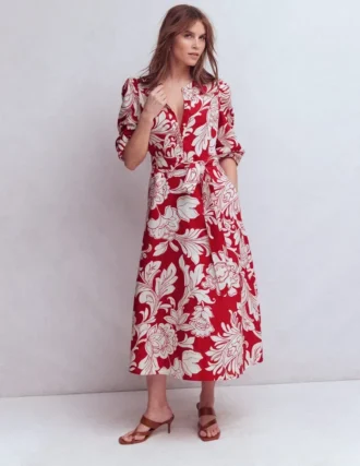 Ava Linen Blend Midi Dress Salsa, Botanical Flourish