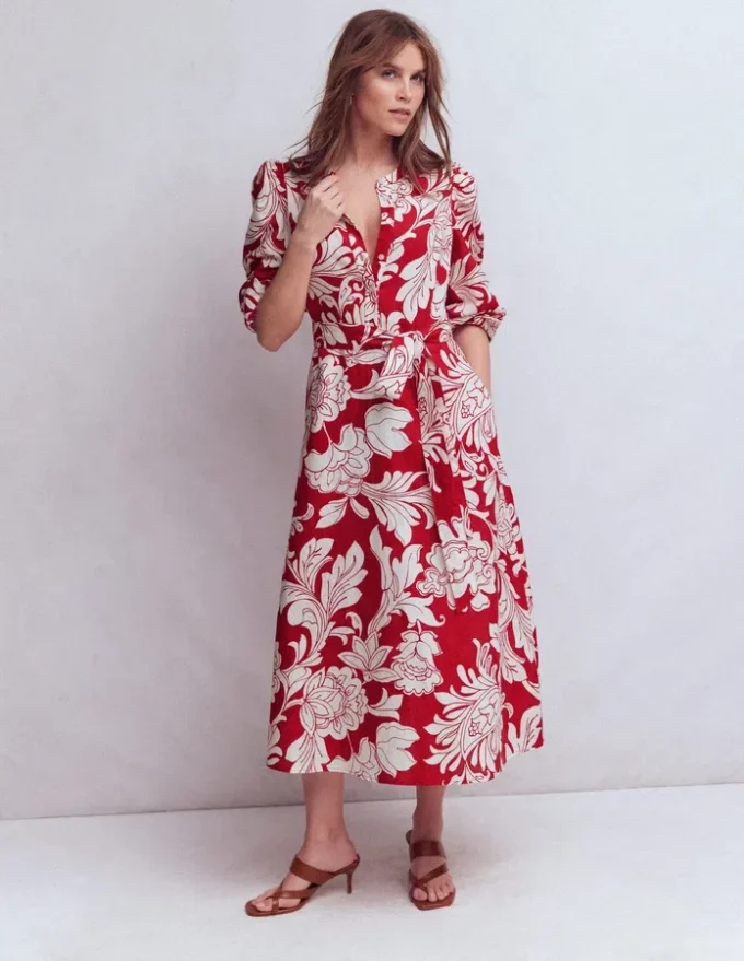 Ava Linen Blend Midi Dress Salsa, Botanical Flourish Ava Linen Blend Midi Dress Salsa, Botanical Flourish