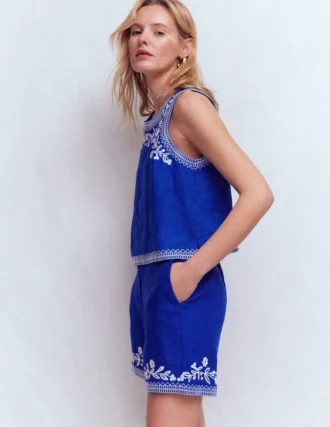 Belgravia Linen Shorts Bright Blue Embroidery