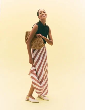 Bias Cut Linen Slip Skirt Brown Diagonal Stripe