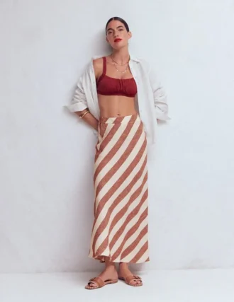 Bias Cut Linen Slip Skirt Brown Diagonal Stripe