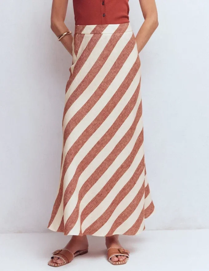 Bias Cut Linen Slip Skirt Brown Diagonal Stripe Bias Cut Linen Slip Skirt Brown Diagonal Stripe