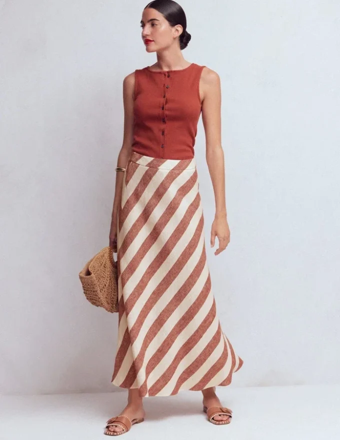 Bias Cut Linen Slip Skirt Brown Diagonal Stripe Bias Cut Linen Slip Skirt Brown Diagonal Stripe