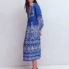 Boho Tie Neck Kaftan Blue Ornamental Garden Boho Tie Neck Kaftan Blue Ornamental Garden