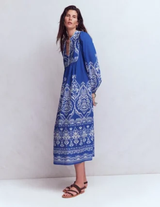 Boho Tie Neck Kaftan Blue Ornamental Garden