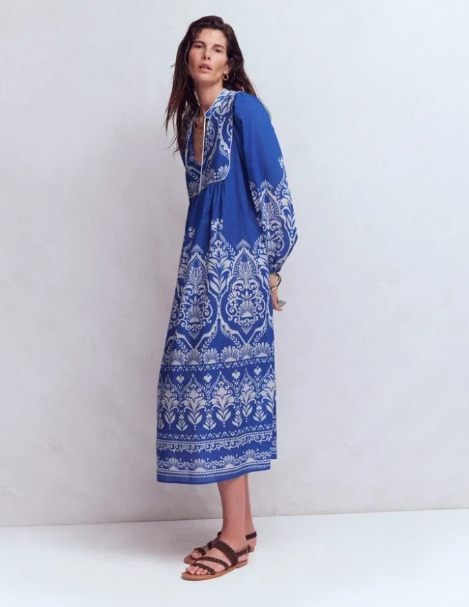 Boho Tie Neck Kaftan Blue Ornamental Garden Boho Tie Neck Kaftan Blue Ornamental Garden