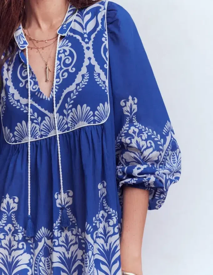 Boho Tie Neck Kaftan Blue Ornamental Garden Boho Tie Neck Kaftan Blue Ornamental Garden