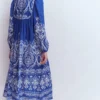 Boho Tie Neck Kaftan Blue Ornamental Garden Boho Tie Neck Kaftan Blue Ornamental Garden