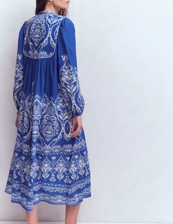 Boho Tie Neck Kaftan Blue Ornamental Garden Boho Tie Neck Kaftan Blue Ornamental Garden