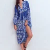 Boho Tie Neck Kaftan Blue Ornamental Garden Boho Tie Neck Kaftan Blue Ornamental Garden