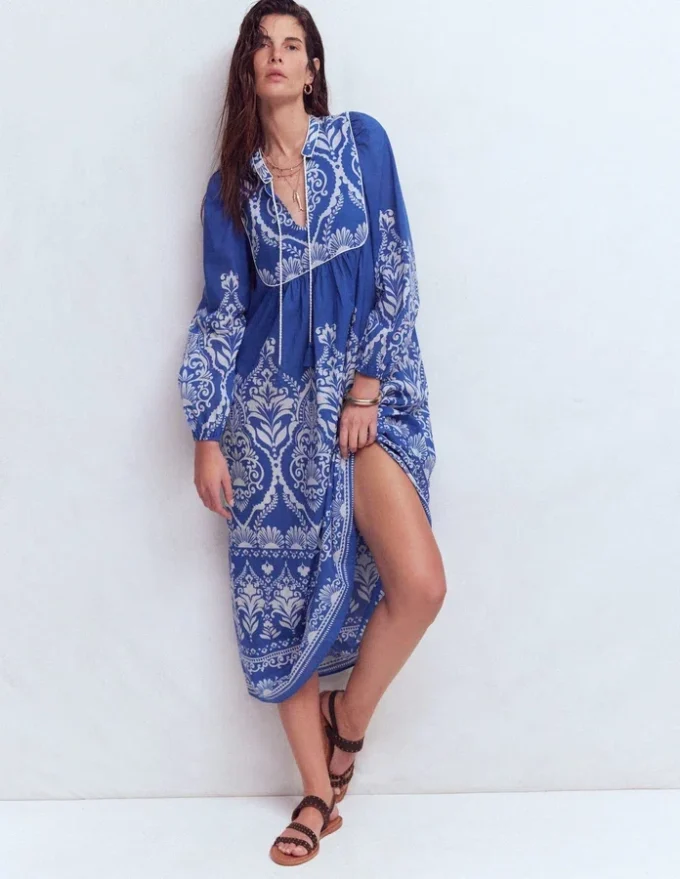 Boho Tie Neck Kaftan Blue Ornamental Garden Boho Tie Neck Kaftan Blue Ornamental Garden