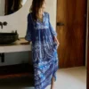 Boho Tie Neck Kaftan Blue Ornamental Garden Boho Tie Neck Kaftan Blue Ornamental Garden