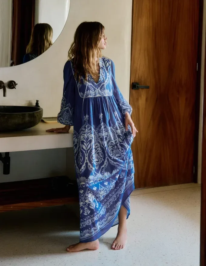 Boho Tie Neck Kaftan Blue Ornamental Garden Boho Tie Neck Kaftan Blue Ornamental Garden