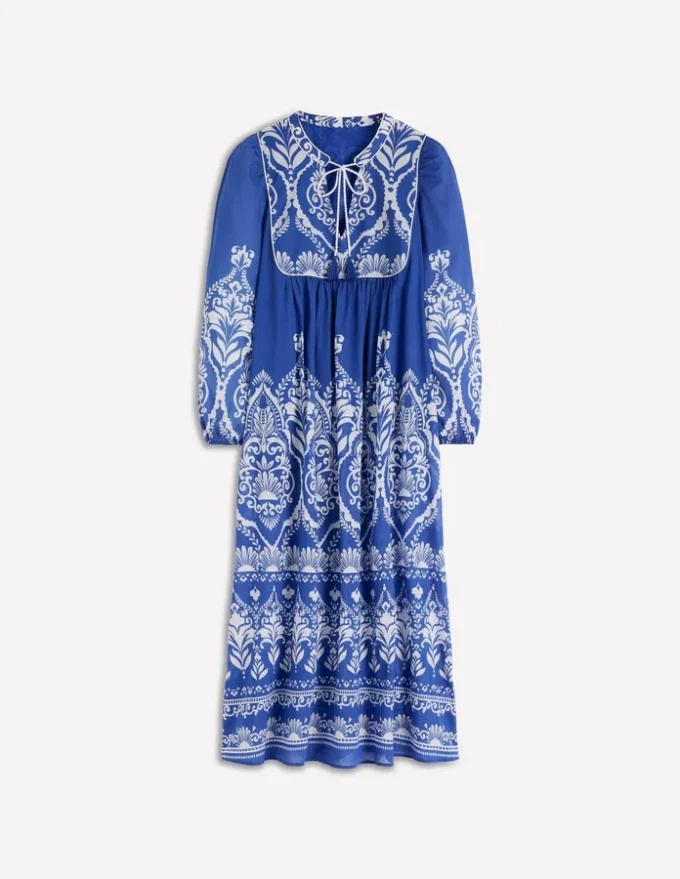 Boho Tie Neck Kaftan Blue Ornamental Garden Boho Tie Neck Kaftan Blue Ornamental Garden