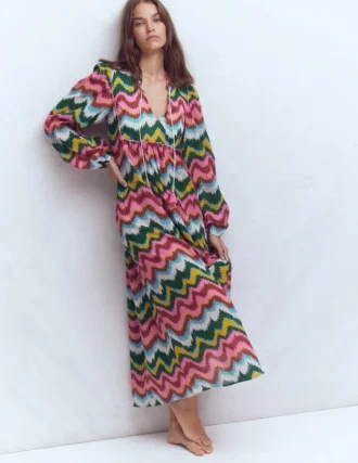 Boho Tie Neck Kaftan Multi, Zig Zag Wave
