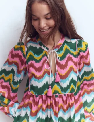 Boho Tie Neck Kaftan Multi, Zig Zag Wave