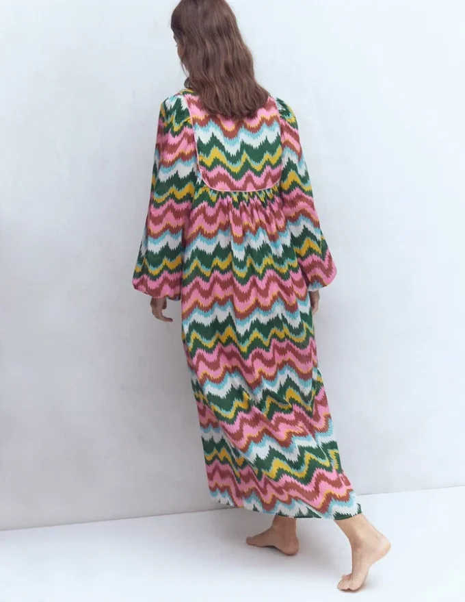 Boho Tie Neck Kaftan Multi, Zig Zag Wave