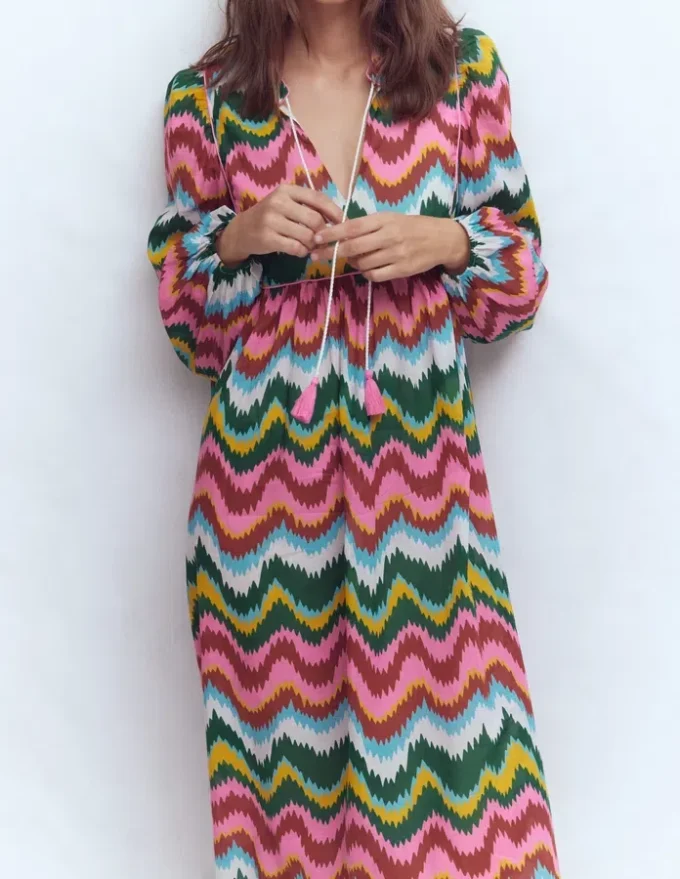 Boho Tie Neck Kaftan Multi, Zig Zag Wave
