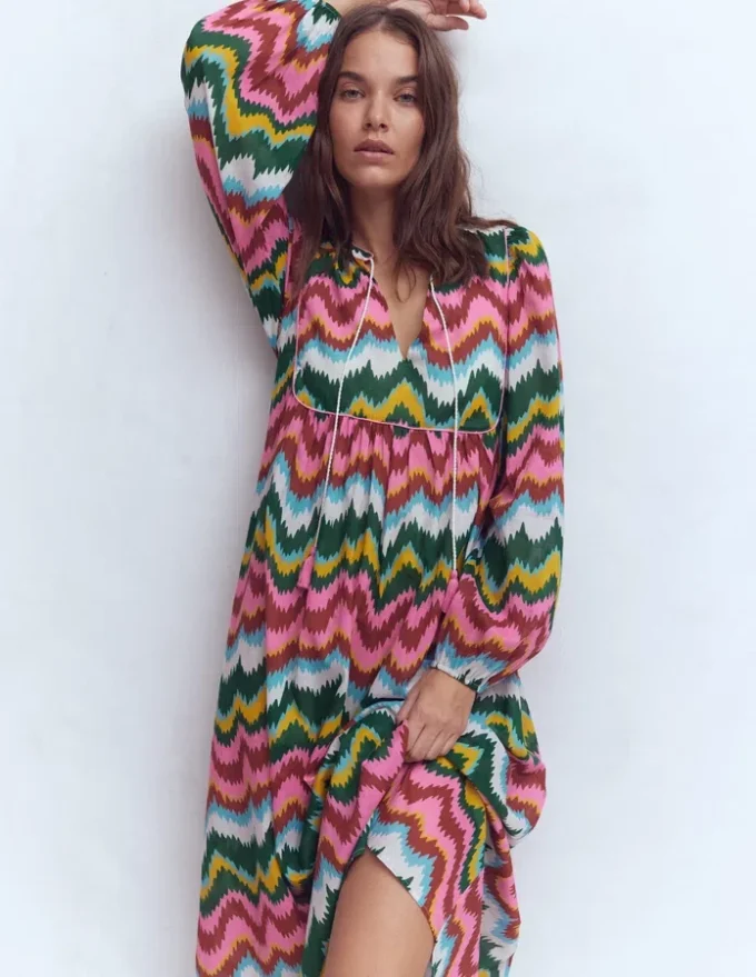Boho Tie Neck Kaftan Multi, Zig Zag Wave