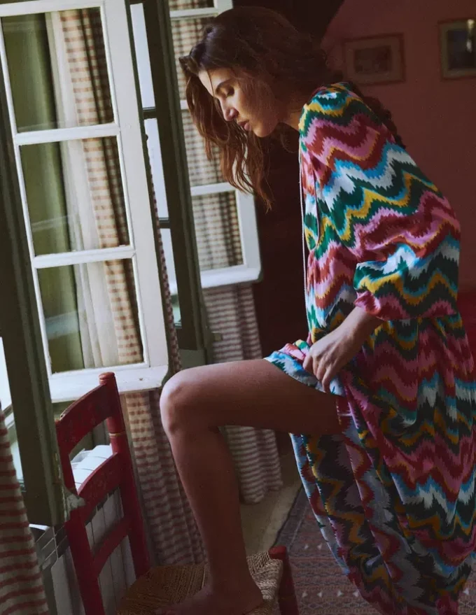 Boho Tie Neck Kaftan Multi, Zig Zag Wave