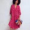 Boho Tie Neck Kaftan Red Ornamental Foilage