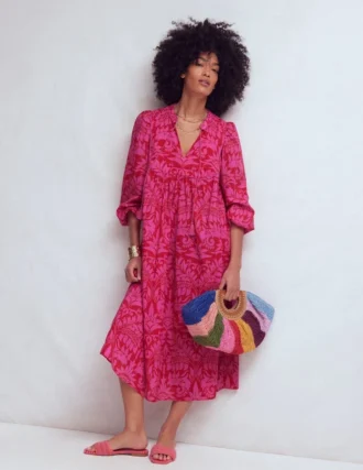 Boho Tie Neck Kaftan Red Ornamental Foilage