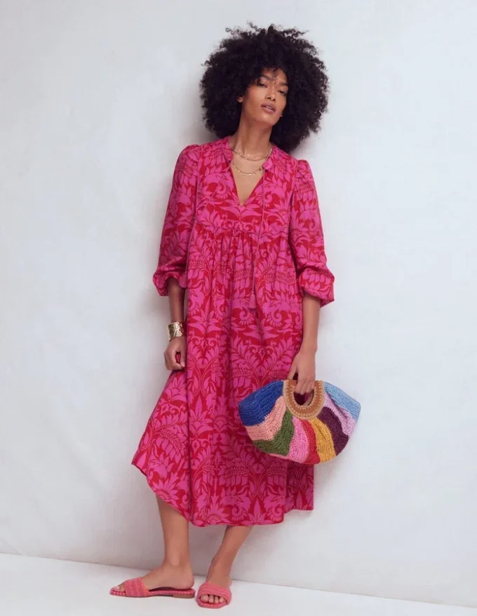 Boho Tie Neck Kaftan Red Ornamental Foilage