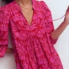 Boho Tie Neck Kaftan Red Ornamental Foilage