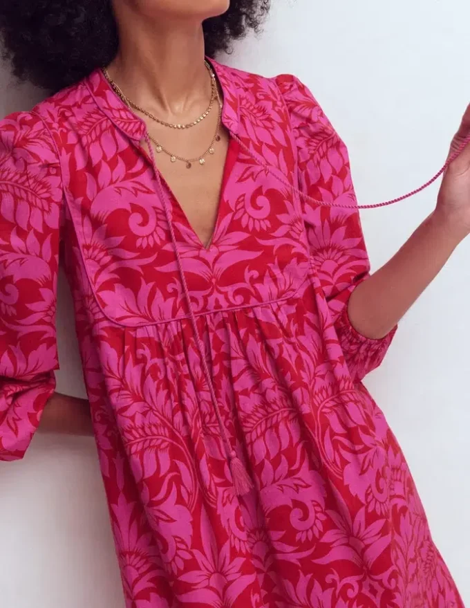 Boho Tie Neck Kaftan Red Ornamental Foilage