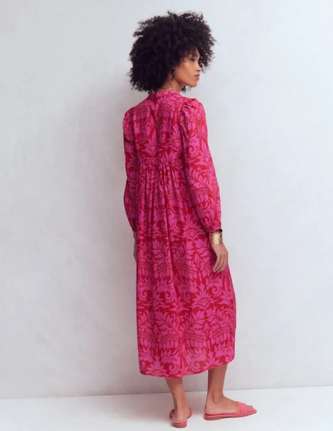 Boho Tie Neck Kaftan Red Ornamental Foilage