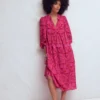 Boho Tie Neck Kaftan Red Ornamental Foilage