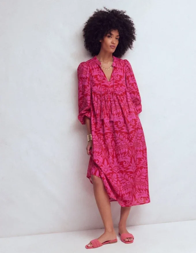 Boho Tie Neck Kaftan Red Ornamental Foilage