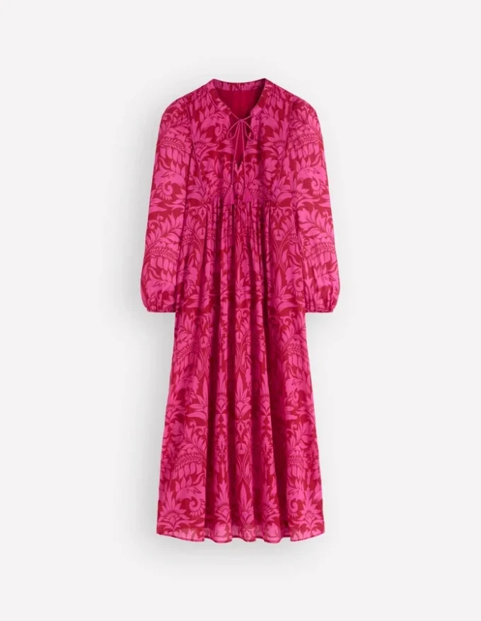 Boho Tie Neck Kaftan Red Ornamental Foilage