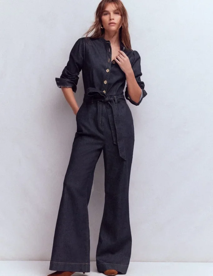 Bootcut Button Denim Jumpsuit Indigo