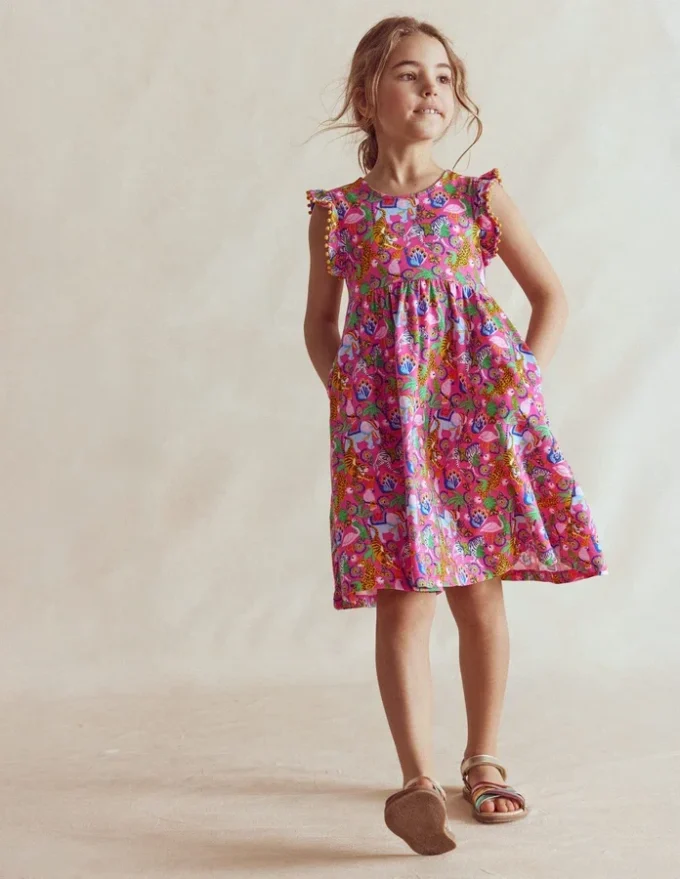 Bow Back Jersey Dress Flamingo Pink Jungle Animals Bow Back Jersey Dress Flamingo Pink Jungle Animals