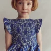 Bow Back Shirred Dress Bright Blue Jungle Woodblock Bow Back Shirred Dress Bright Blue Jungle Woodblock