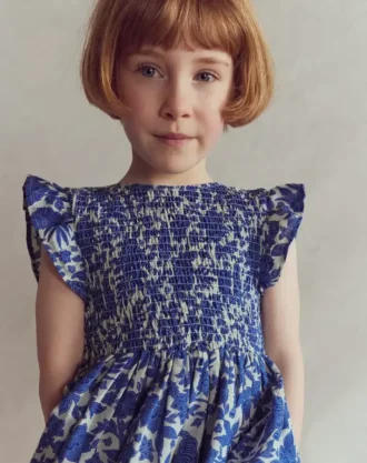 Bow Back Shirred Dress Bright Blue Jungle Woodblock