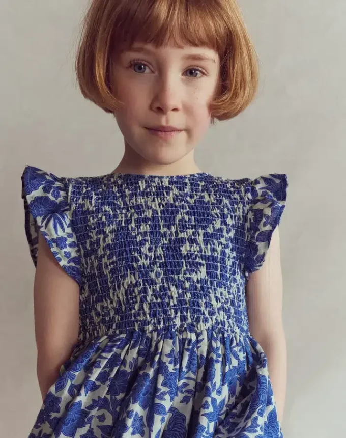 Bow Back Shirred Dress Bright Blue Jungle Woodblock Bow Back Shirred Dress Bright Blue Jungle Woodblock