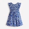 Bow Back Shirred Dress Bright Blue Jungle Woodblock Bow Back Shirred Dress Bright Blue Jungle Woodblock