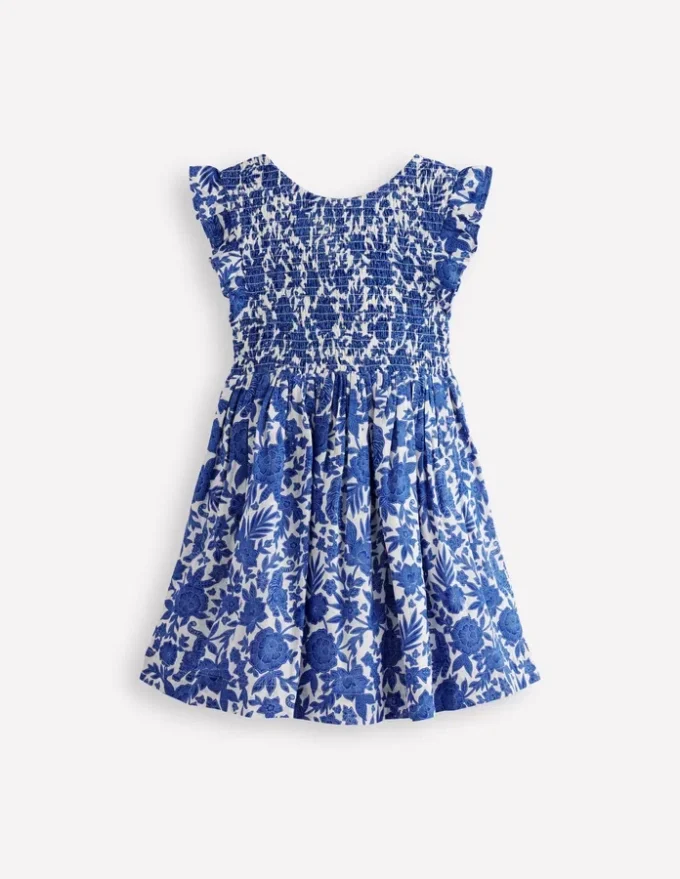 Bow Back Shirred Dress Bright Blue Jungle Woodblock Bow Back Shirred Dress Bright Blue Jungle Woodblock