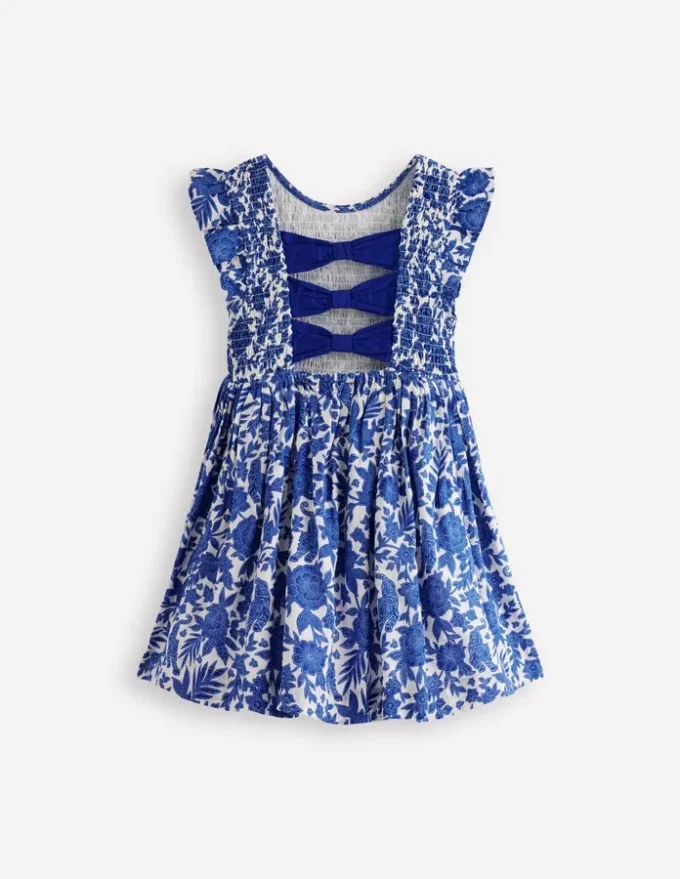 Bow Back Shirred Dress Bright Blue Jungle Woodblock Bow Back Shirred Dress Bright Blue Jungle Woodblock