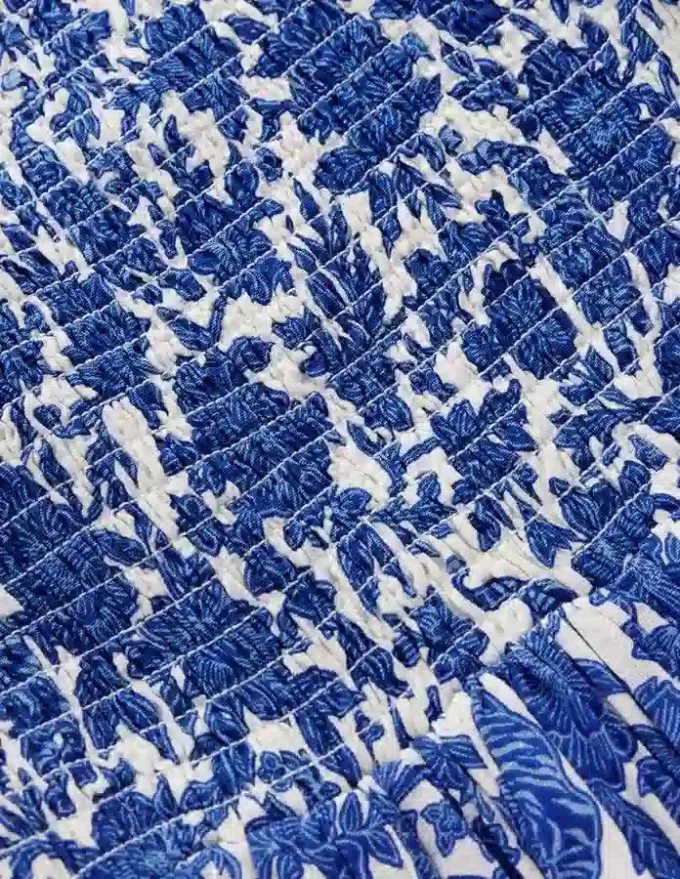 Bow Back Shirred Dress Bright Blue Jungle Woodblock Bow Back Shirred Dress Bright Blue Jungle Woodblock