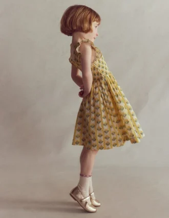 Bow Back Shirred Dress Honeycomb Yellow Flower Stem