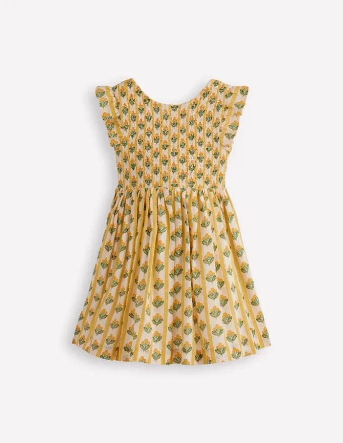 Bow Back Shirred Dress Honeycomb Yellow Flower Stem Bow Back Shirred Dress Honeycomb Yellow Flower Stem
