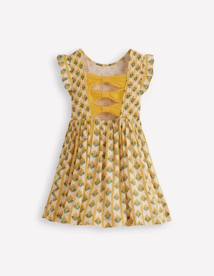 Bow Back Shirred Dress Honeycomb Yellow Flower Stem Bow Back Shirred Dress Honeycomb Yellow Flower Stem