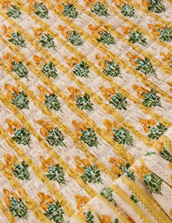 Bow Back Shirred Dress Honeycomb Yellow Flower Stem Bow Back Shirred Dress Honeycomb Yellow Flower Stem