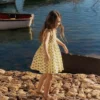 Bow Back Shirred Dress Honeycomb Yellow Flower Stem Bow Back Shirred Dress Honeycomb Yellow Flower Stem